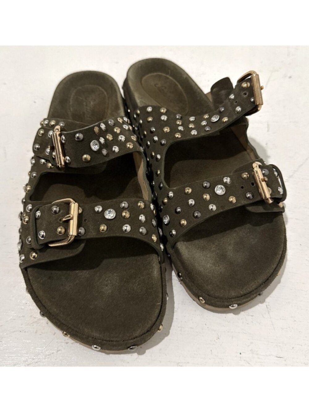 Saint G Chloe Olive Army Green Studded Double Strap Slide Sandals Sz EU 41 US 11